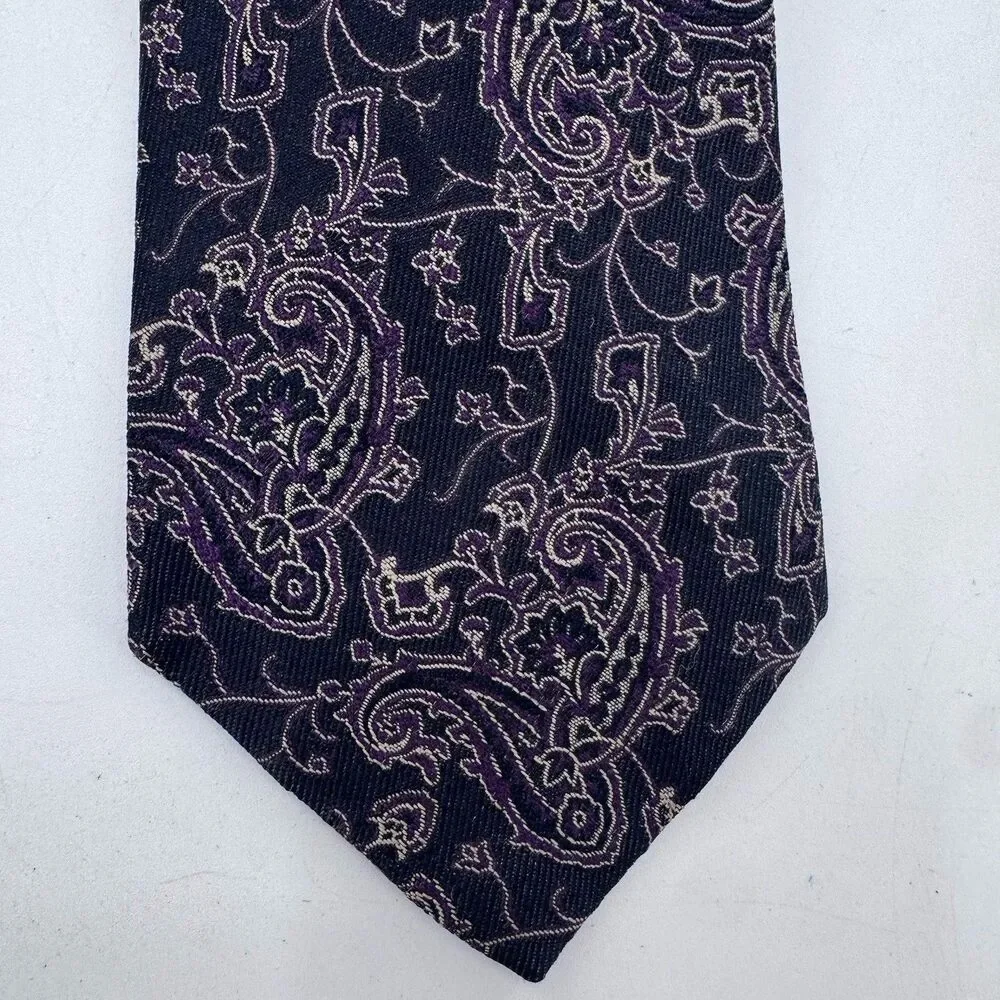 Ferrell Reed Tie All Silk Black Paisley In Cream & Violet VTG Fast Shipping